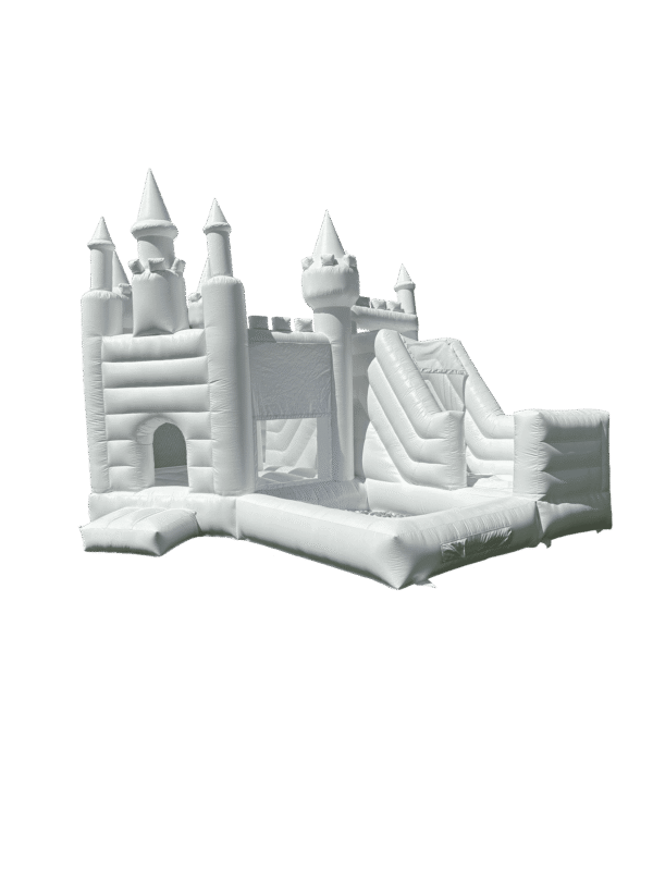 white bouncy castle with slide and ball pit
