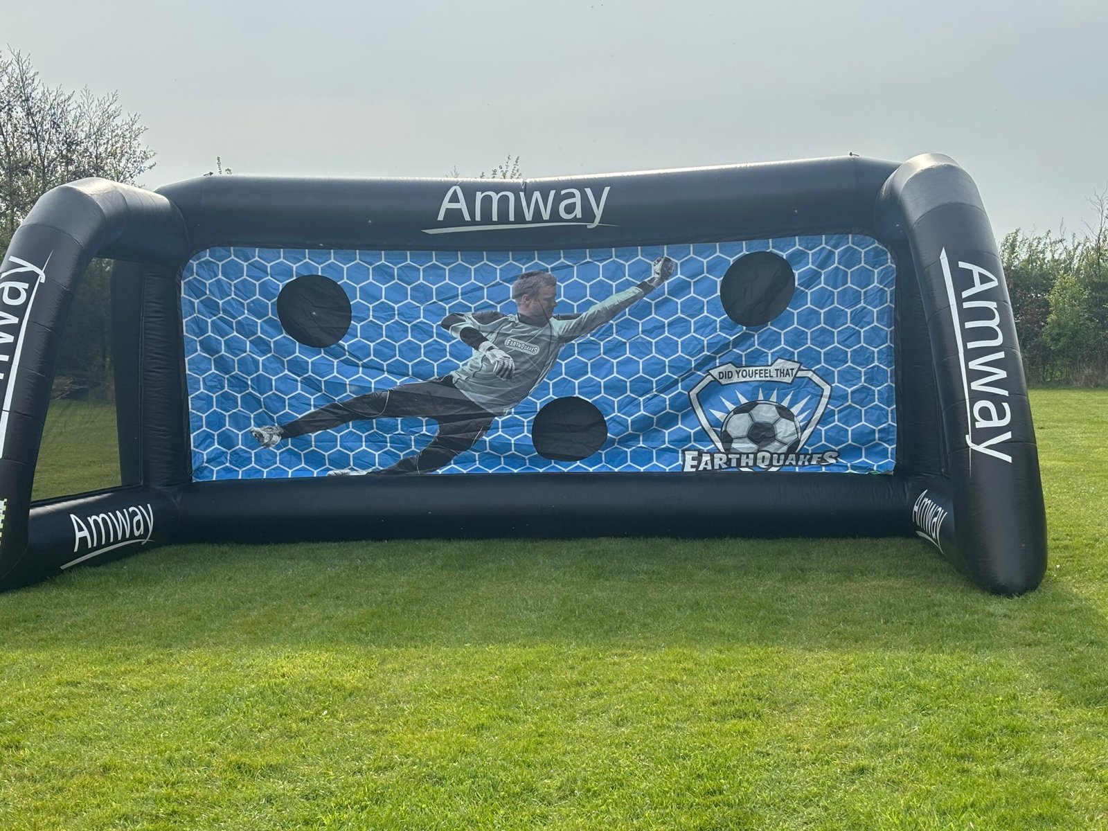 Inflatable penalty shootout goal showing target holes