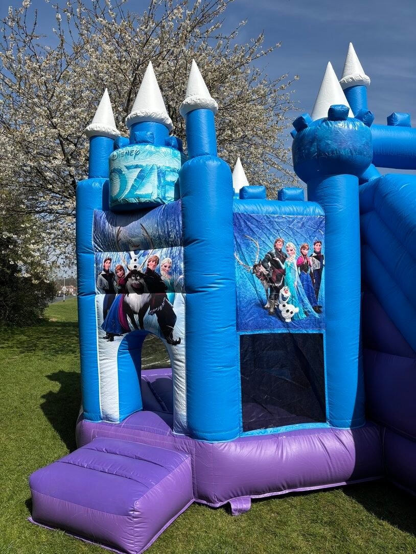Full Frozen bouncy castle with slide attachment
