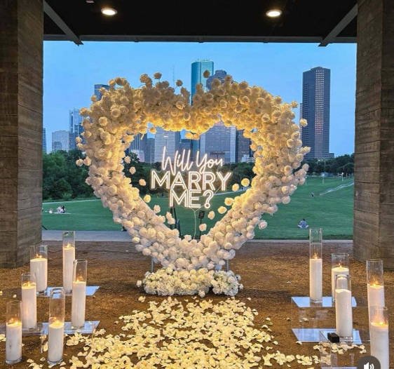 Romantic proposal setup hire Hull - flower heart arch and neon sign available for hire in Hull