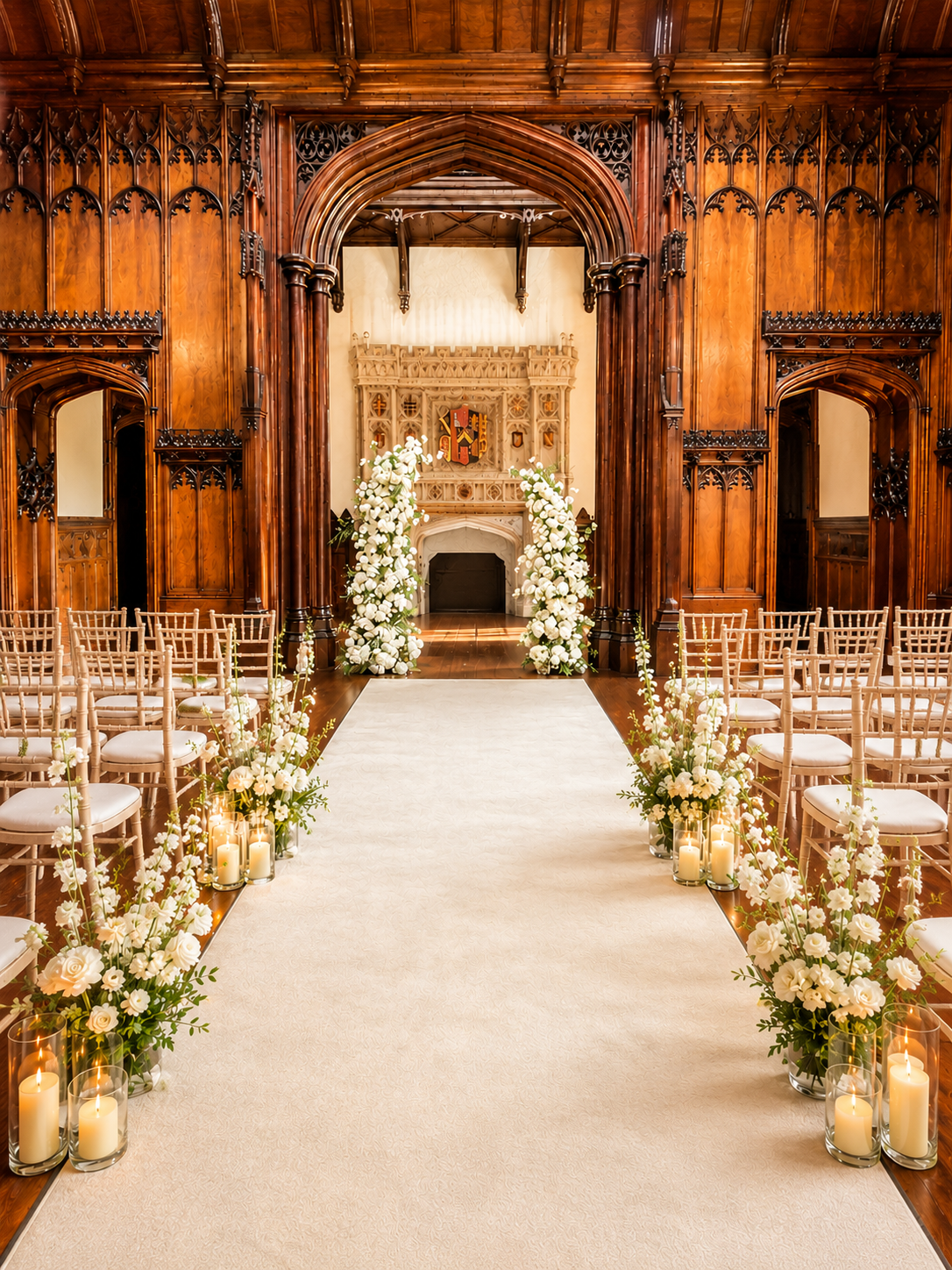 Wedding aisle styling inspiration with white floral pillar arches