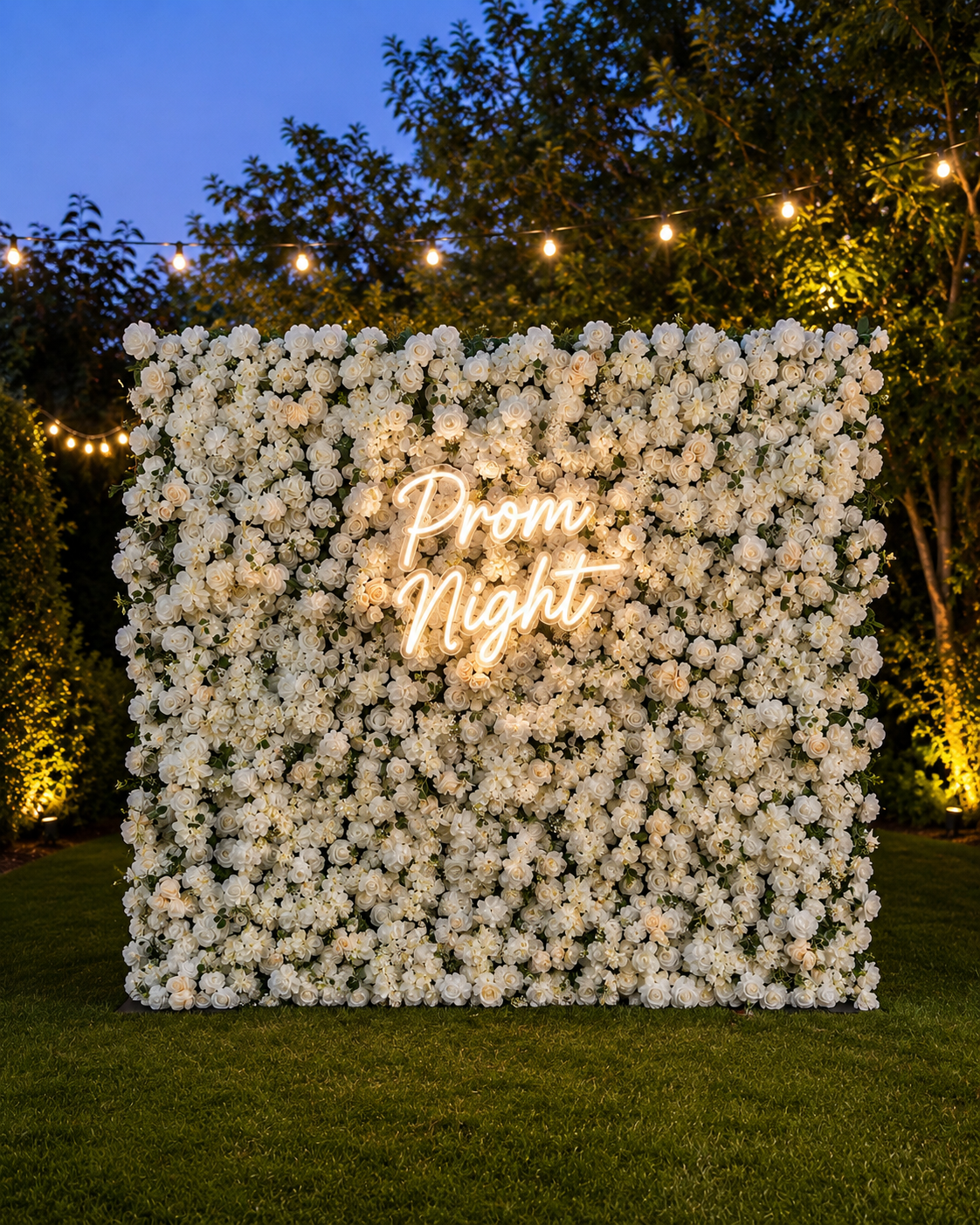 Luxury white rose flower wall styled outdoors with a Prom Night neon sign